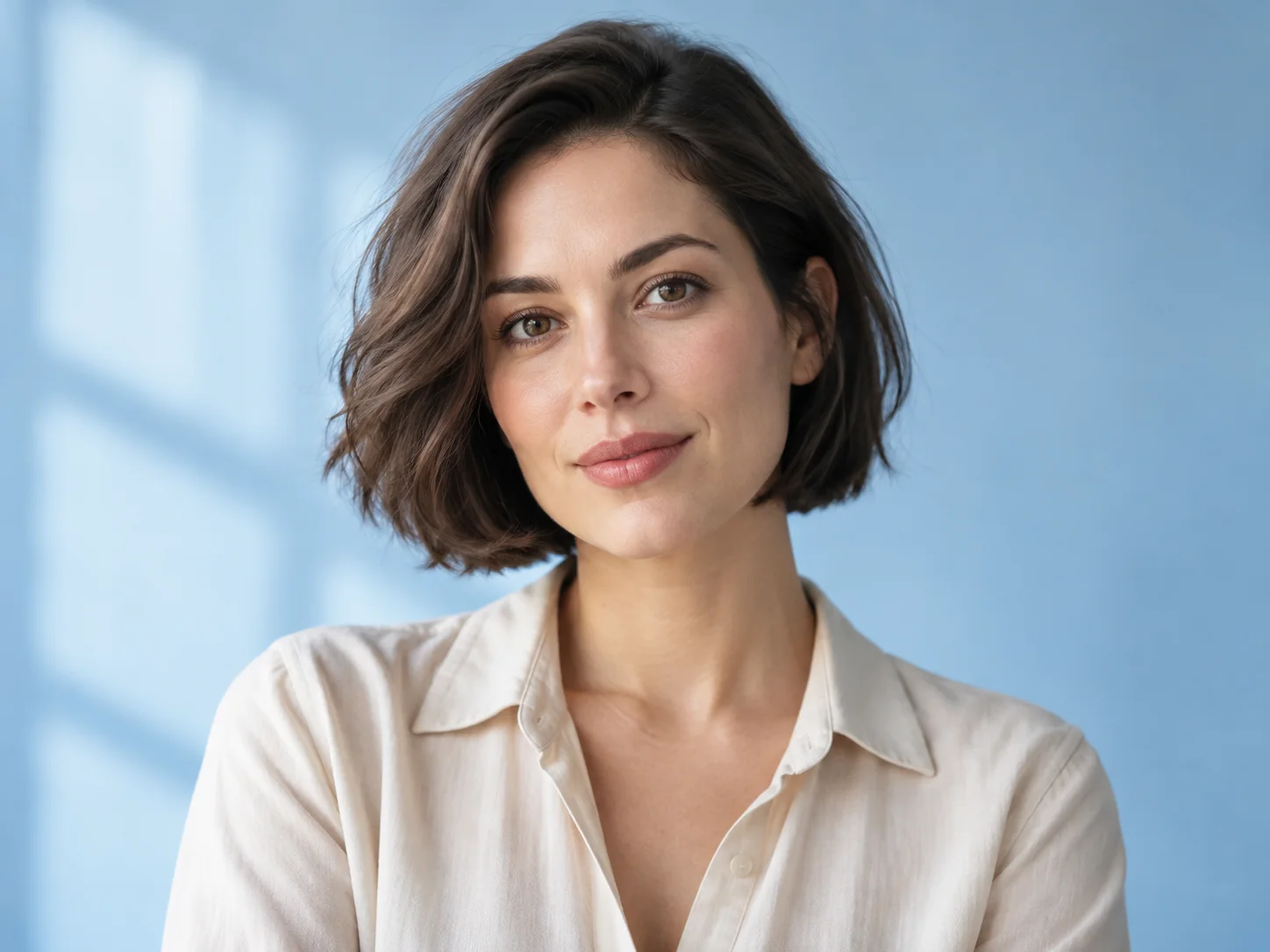 Editorial portrait concept of a fictional adult woman in a soft blue studio with natural window light