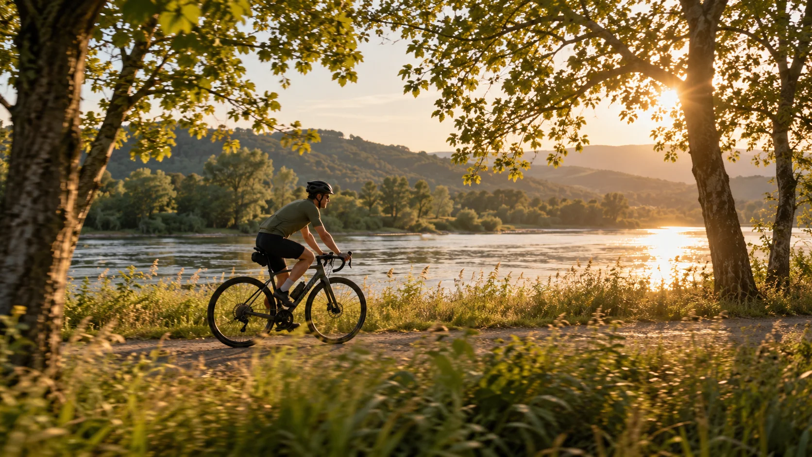 Cyclist moving along a riverside path in soft late-afternoon light