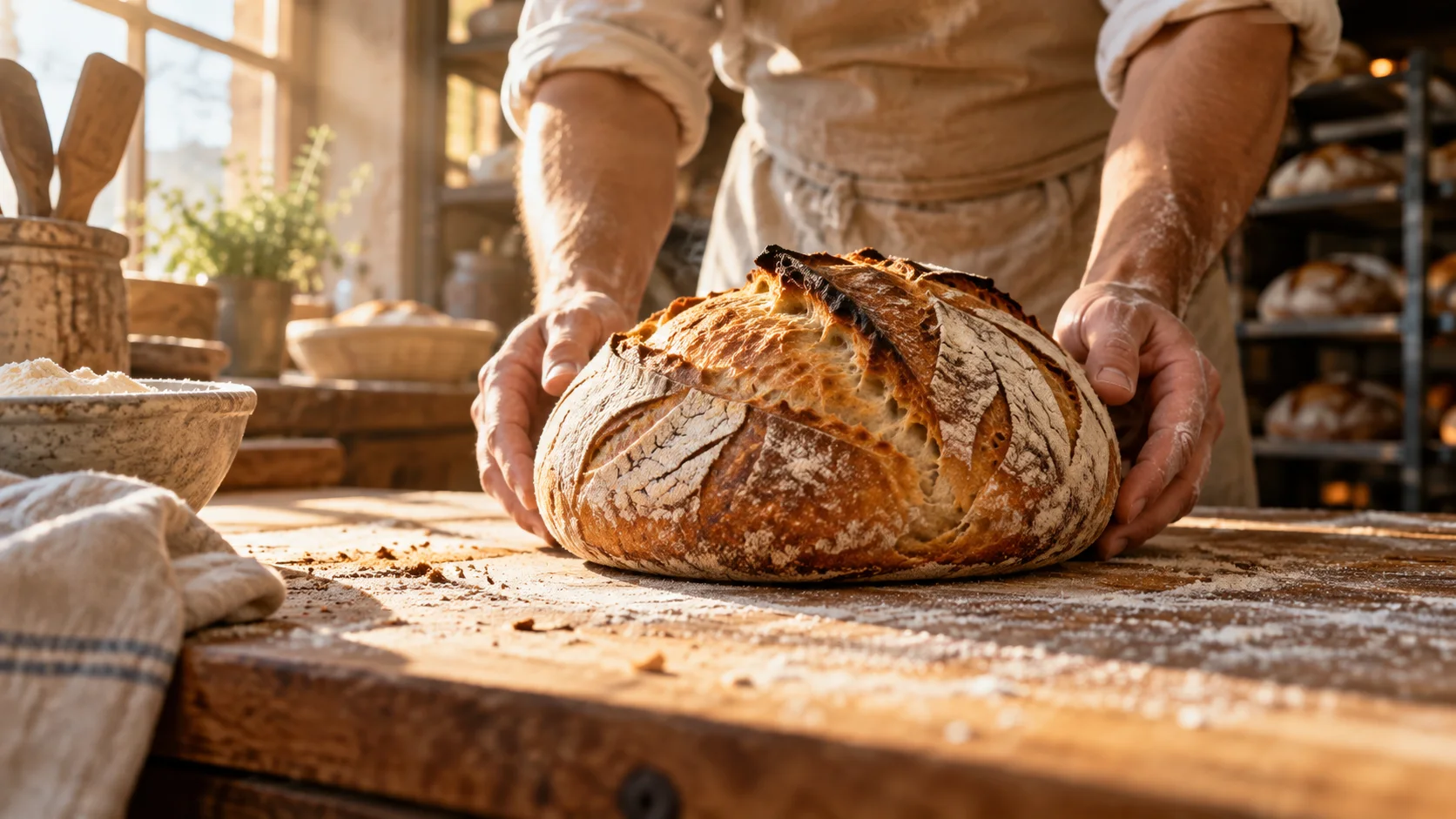 Warm bakery counter concept with bread and morning window light